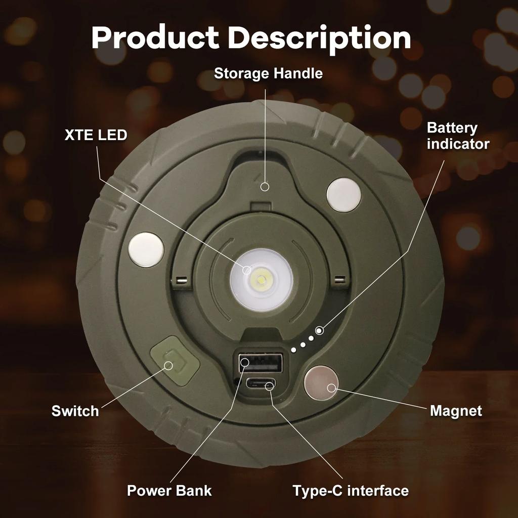 Multifunctional 4 In 1 Design Camping Light String USB Rechargeable Outdoor Tent Decor Light XTE LED Flashlight with Magnet Hook