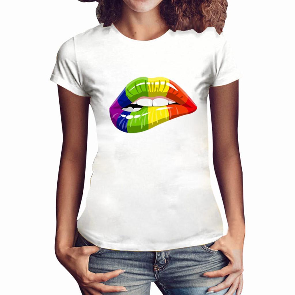 Women Girls Plus Size Lips Print Shirt Short Sleeve T Shirt Blouse Tops