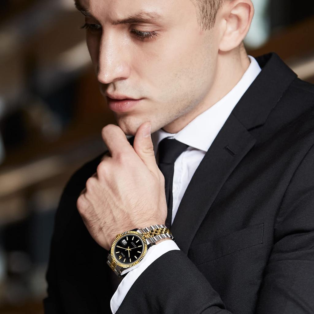 BUREI Men's Automatic Watch Waterproof Analog Mechanical Male Popular Business Date Brand Wristwatch Simple Casual Luminous Watch (Gold Black)