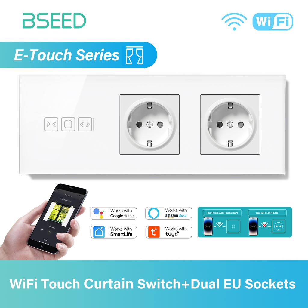 BSEED Tuya WIFI Curtain Switch Smart Touch Curtain Switches Glass Frame Tuya APP Switch EU Wall Sockets with USB-C for Villa Ho