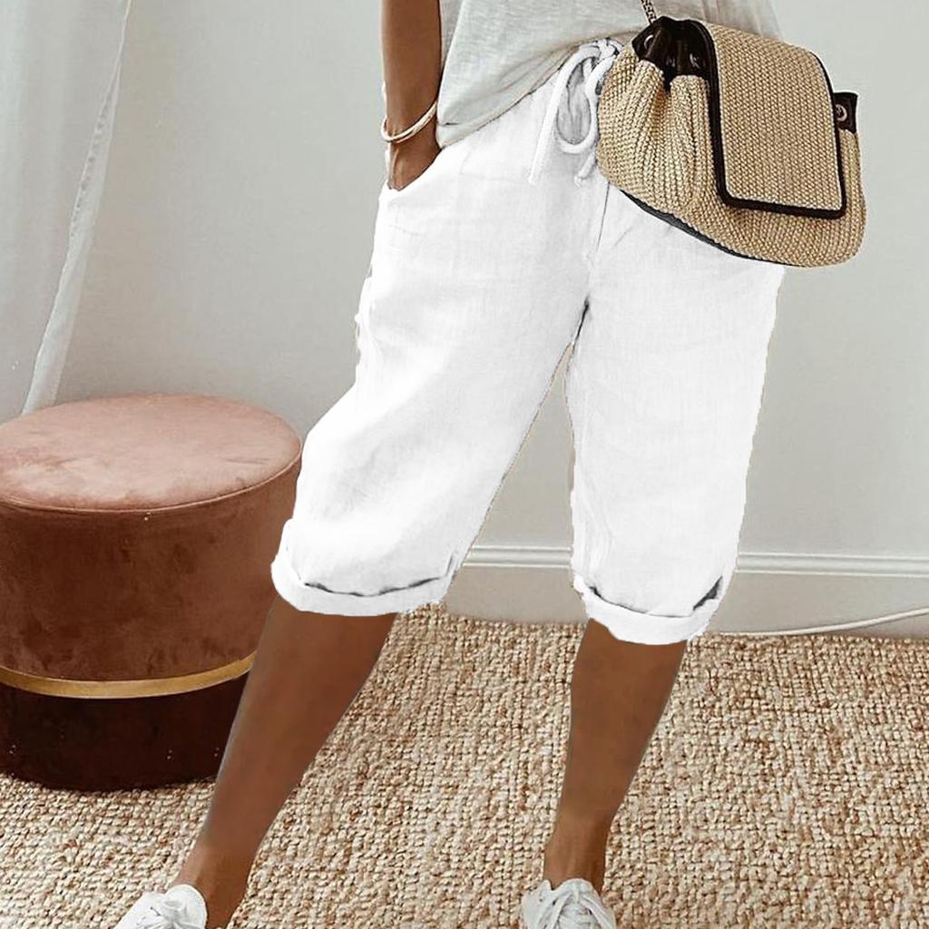 Women Cotton Linen Shorts Vintage Style Knee-length Pants with Pockets for Women Breathable Elastic Waist Trousers Solid Colors Five Pants