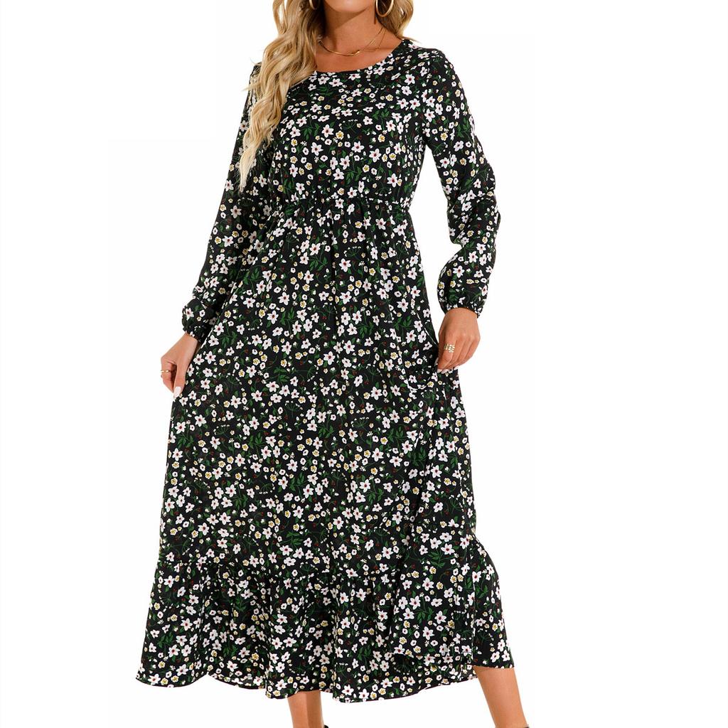 Women Spring Autumn O Neck Long Sleeve A Line Slim Elastic Waist Floral Print Long Dress Ruffle Clothing