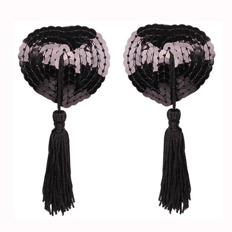 Heart-Shaped Sequined Nipple Covers with Tassels - Silicone Pasties Lingerie Accessories