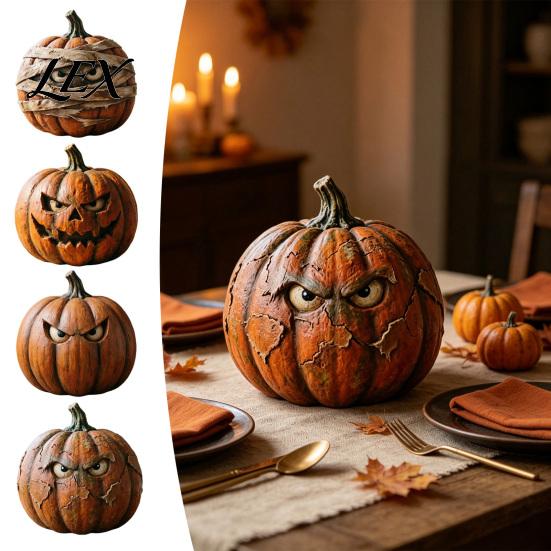 Rustic Wooden Pumpkin Decor Halloween Figurine, Spooky Ornament, Fall Thanksgiving Home Tabletop Accents Table Centerpiece for Party Tiered