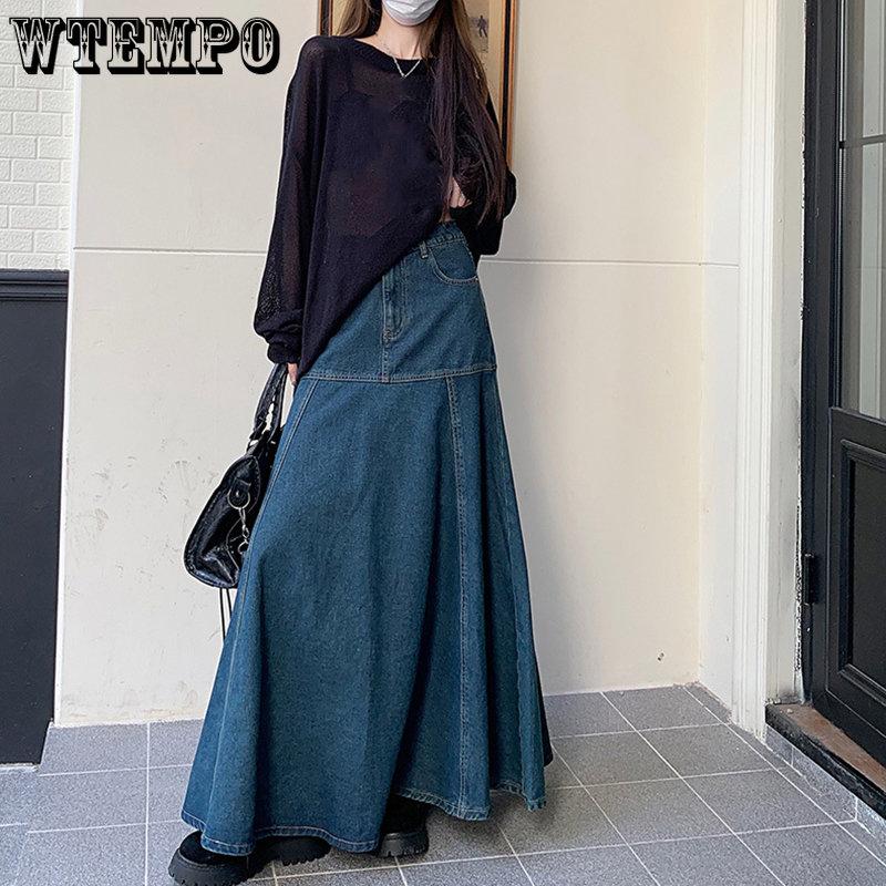 WTEMPO Μακριά vintage μπλε τζιν γυναικεία φούστα άνοιξη φθινόπωρο Κομψή ψηλόμεση φούστα ψαροουράς παντός αγώνα Streetwear