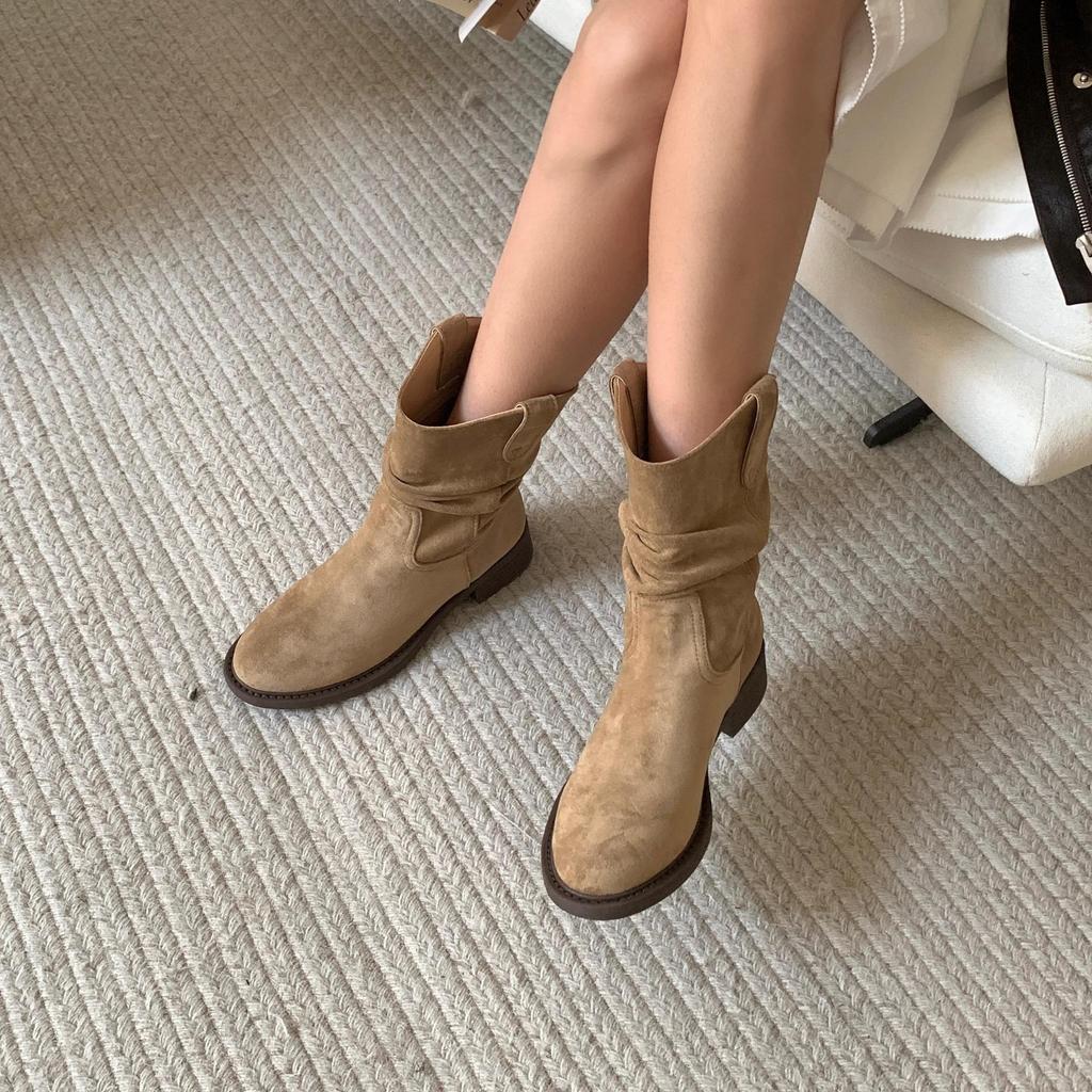 Skinny Low Heel Medium Boots Women's Shoes 2025 Spring and Autumn Single Boots Western Cowboy Pile Short Boots Coarse Heel Martin Boots
