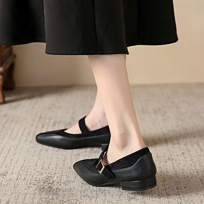 One-word Buckle with Mary Jane Shoes for Women's 2025 Spring New Foreign Style Shallow Mouth Single Shoes Square Head Thick Heel Splicing Small Lea
