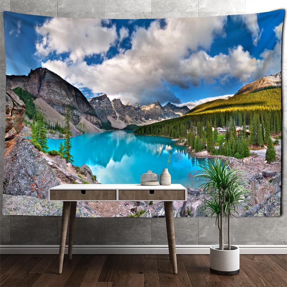 Tapiz de pared con vista a la montaña y al río, paisaje natural, bohemio, hippie, decoración de pared para dormitorio y sala de estar