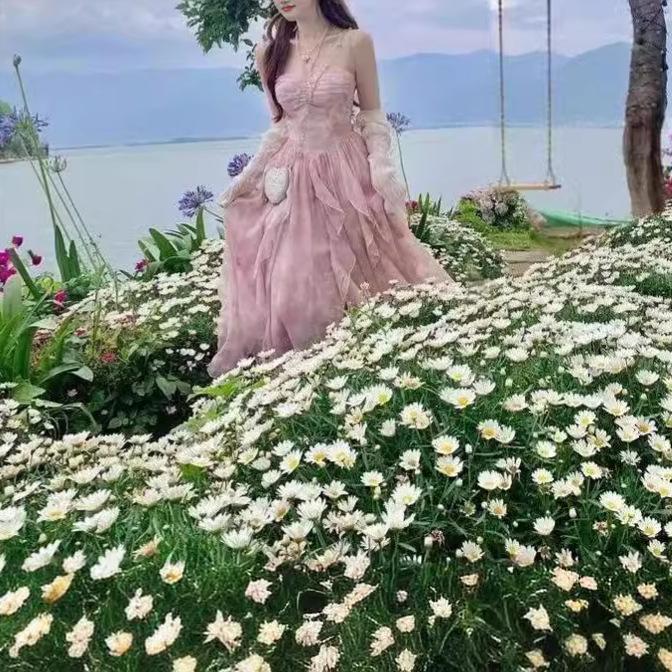 French First Love Sakura Pink Spaghetti Strap Dress for Women, Summer Blended Floral Irregular Hem Vacation Long Dress