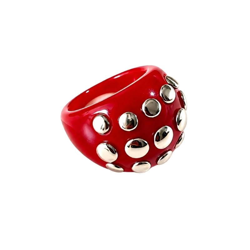 Resin Studded Ring Wide Bangle, Retro Metal Dot Statement Jewelry, Punk Y2K Bold Bracelet Ring for Women Party Daily Outfit