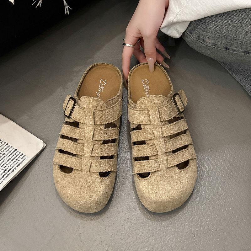 Woven bag head half slippers women's summer wear new one-pedal soft-soled yellow fish bone shoes sandals