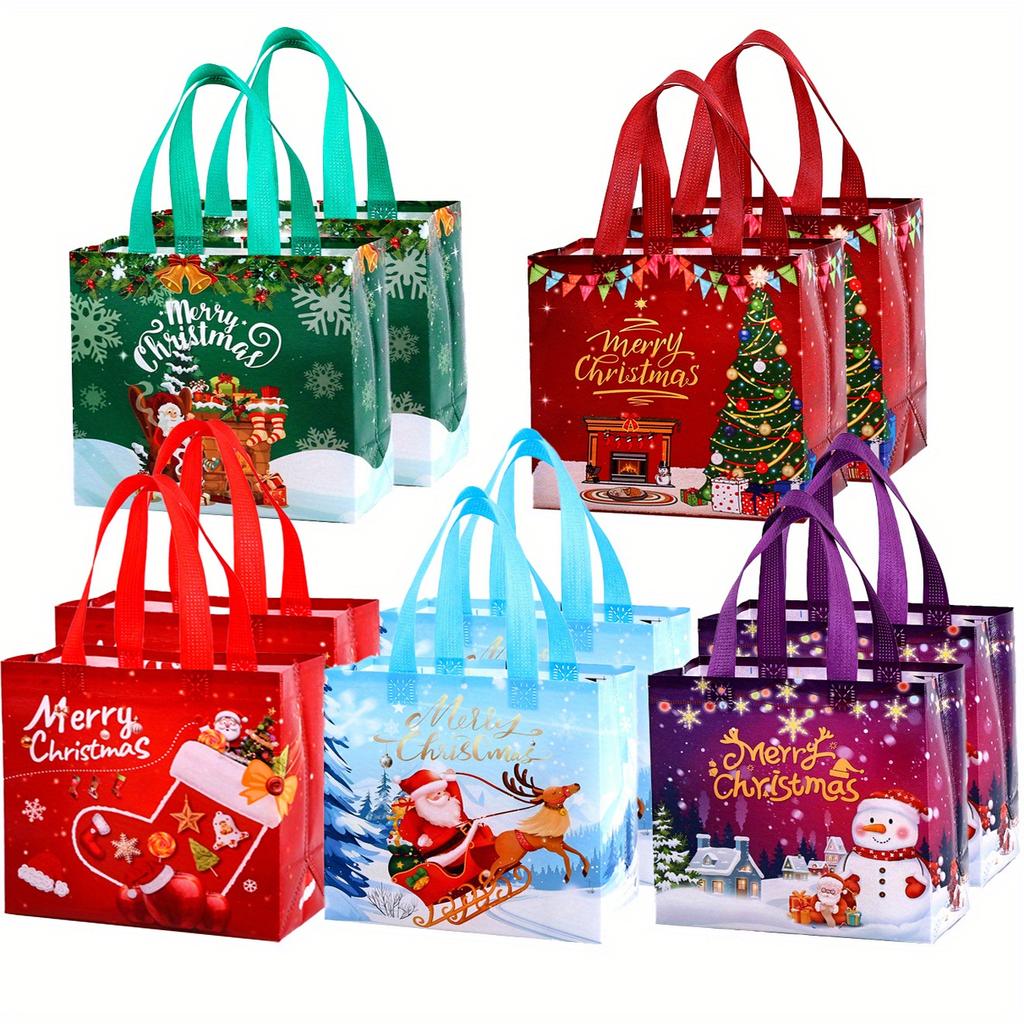 5/10 Stück Weihnachtsgeschenktüten, Kleine wiederverwendbare Vlies-Weihnachts-Tragetaschen mit Henkeln, Perfekt für Geschenkverpackung/Partyzubehör