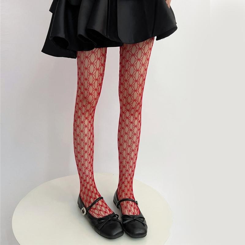 Women See Through Fishnet Pantyhose Stockings Japanese Aesthetic Hollowed Geometric Circle Pattern Mesh Tights Leggings
