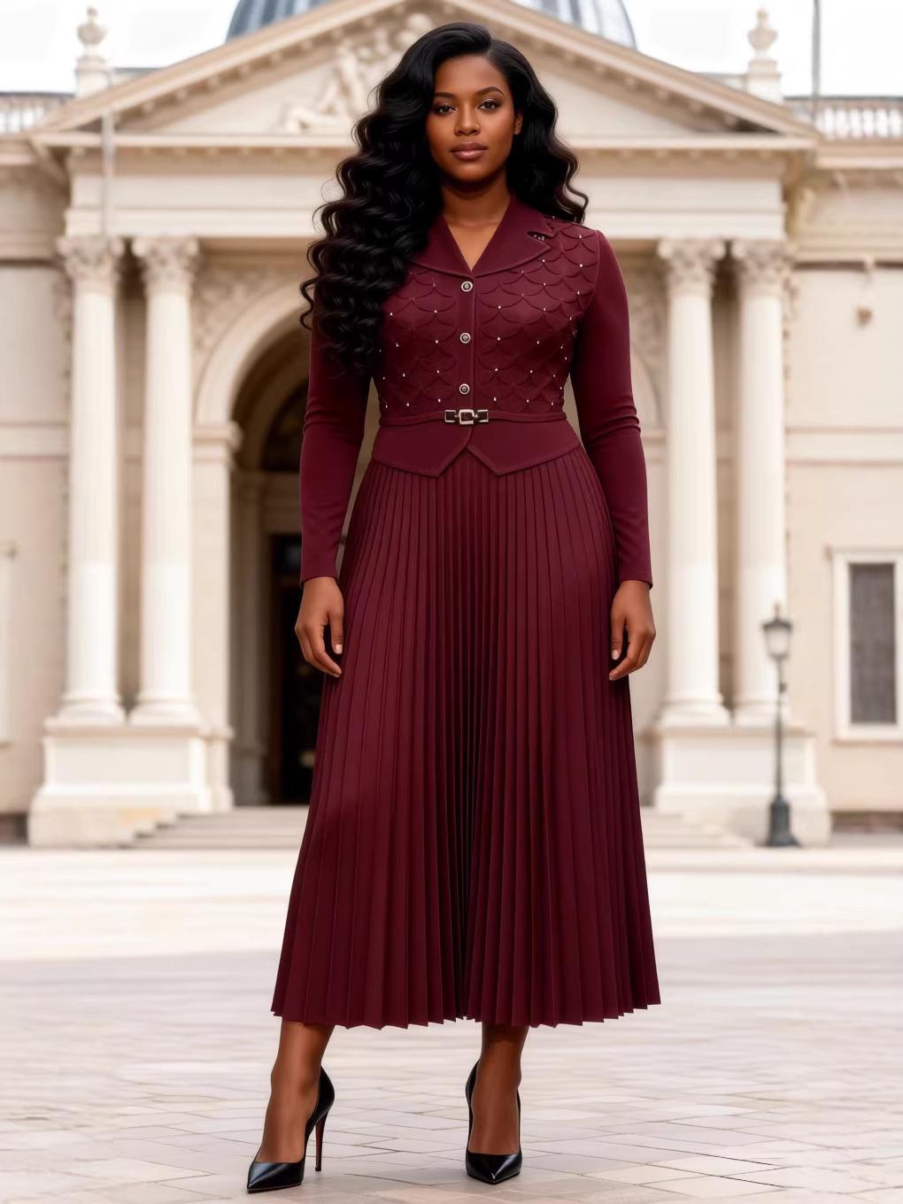 

Elegant Pure Color Plus Size Pleated Dress with Beaded Detail One Size (80/160 kg) вино красного