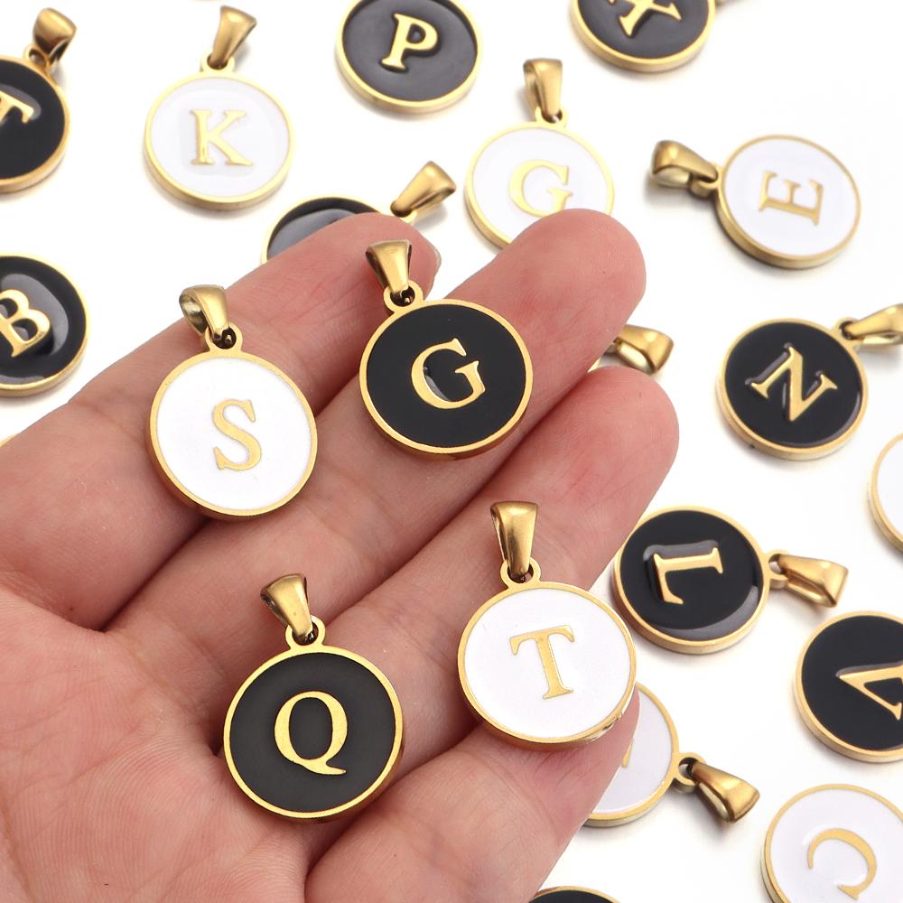 2Pcs Stainless Steel A-Z Round Letter Charms Enamel Alphabet Charms Single-sided Pendant DIY Necklace Bracelet Jewelry Findings