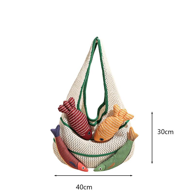 Fish Design Knitting Shoulder Bag Woven Hand Bag Beach Bag Holiday Travel Shopper Shopping Purse for Women