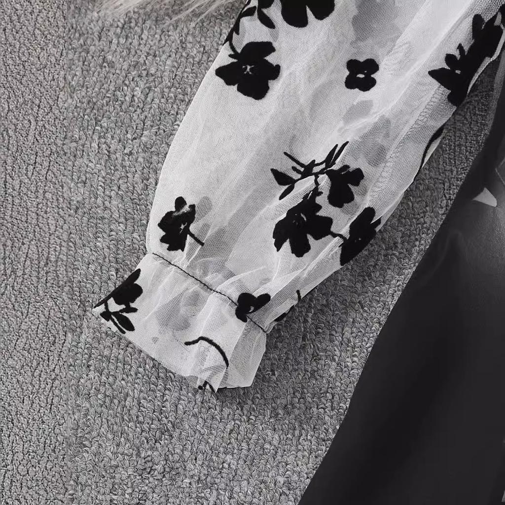 2024 Barn Rose Trykk Langermet Svart Kjole Mesh Kjoler Brodert Prinsesse Kjole for Jenter Barneklær