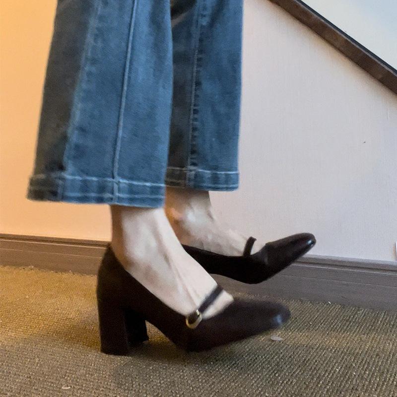 Nai Pie! Mary Jane High Heels Women's Thick Heels Square Head Black Small Leather Shoes with Soft Leather Light Mouth Single Shoes Spring and Autumn