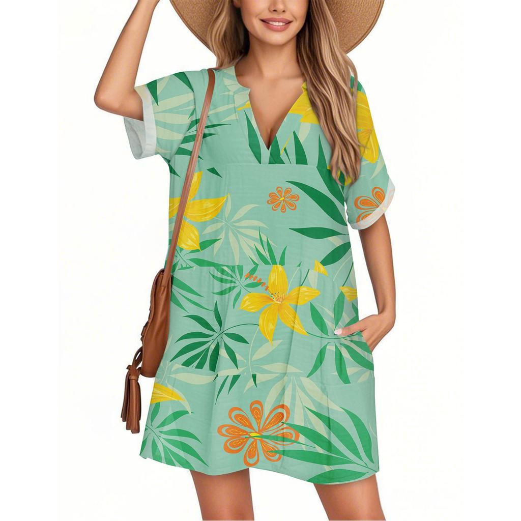 Women's Fashion Smock Hawaiian Floral Casual Short Sleeve V-neck T-shirt Dress Holiday Beach Dress