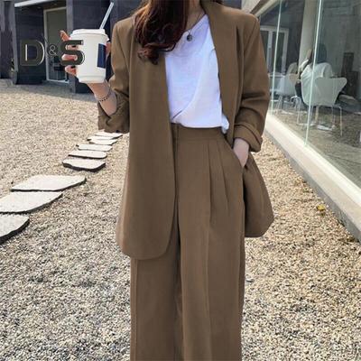 2 Pcs/Set Lady Formal Coat Pants Set Long Sleeves Open Stitch Cardigan Mid Length Jacket Loose Straight Wide Leg High Waist Trousers Formal Business