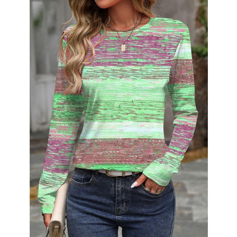 Tops for Women Striped Print Round Neck Long Sleeve T-shirt Fall Casual Slim Pullover Women's Long Sleeve Top