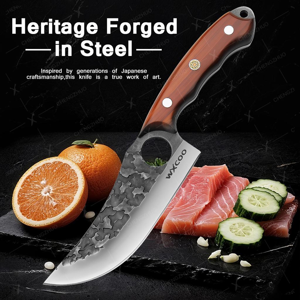 Professionelles Metzgermesser Geschmiedetes Ausbeinmesser Edelstahl Hackbeil Küchenchefmesser Fleisch Fisch Obst Messer mit Abdeckung