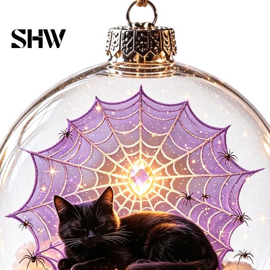 Halloween Hanging Decoration Glowing Sphere, Lighted Clear Ball Ornament, Cute Witch Seasonal Home Cat, LED for Indoor Mantel Party Decor Garden