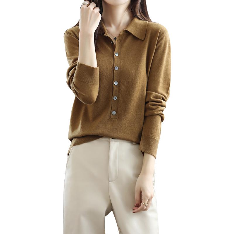 Women's Long-Sleeve Pure Wool Cardigan: Slimming, Fashionable Knitwear with Shirt Collar