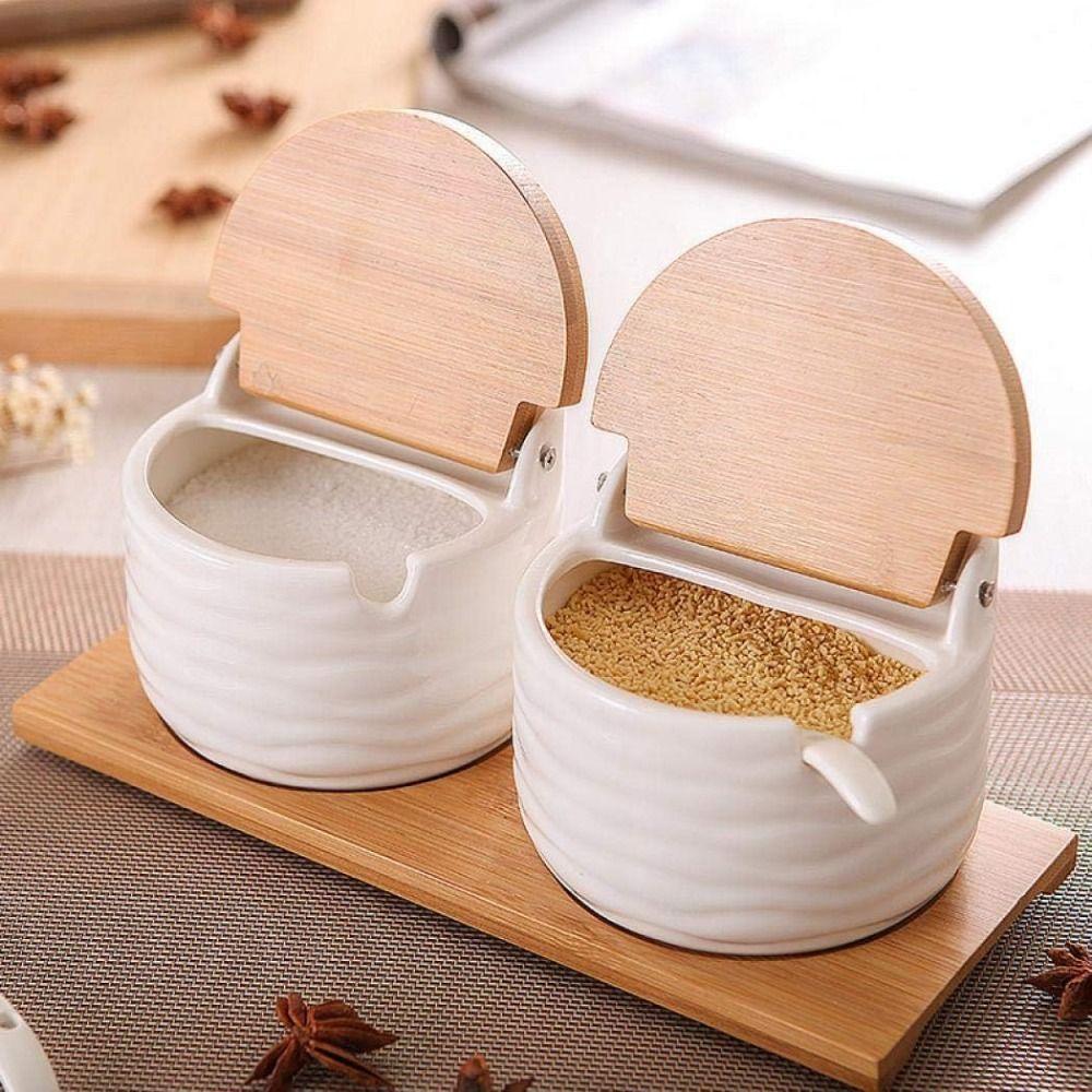 Serving Spoon Spices Storage Box Bamboo Lid Kitchen Condiment Container  Sugar