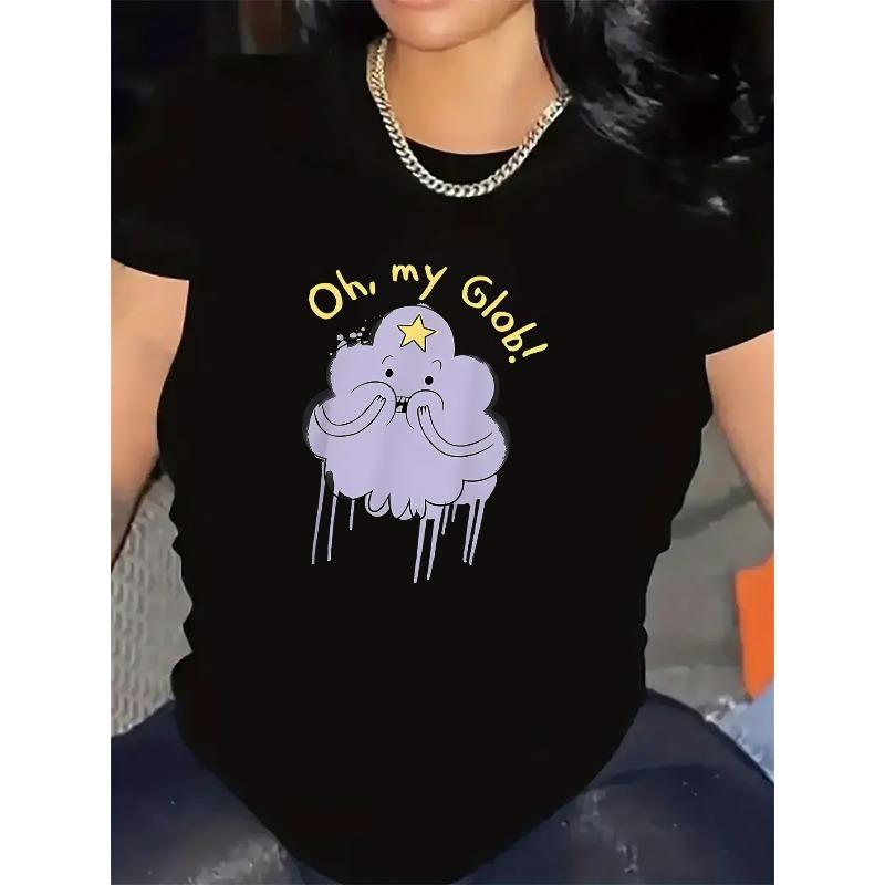 Women S Black T-Shirt with Playful Cloud Graphic - Oh, My Glob! Design, Soft Polyester Fabric, Round Neck, Casual Wear, S чёрный