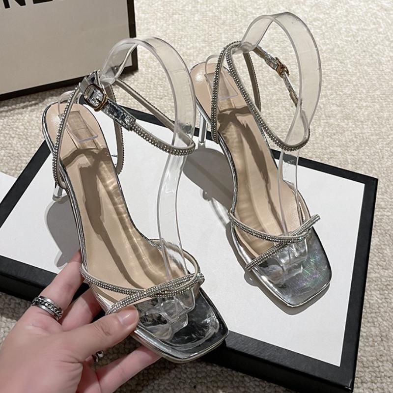 

Fashion Crystal Women High Heels Sandals Luxury Sexy Square Toe Heeled Shoes Party Dress Woman Slippers Elegant 2025 Summer New Pumps 34 серебряный