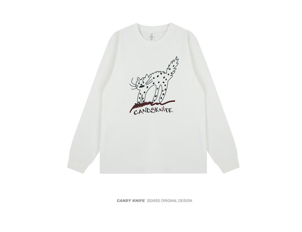 Korean Style Cartoon Cat Print Couple Long Sleeve Retro Top
