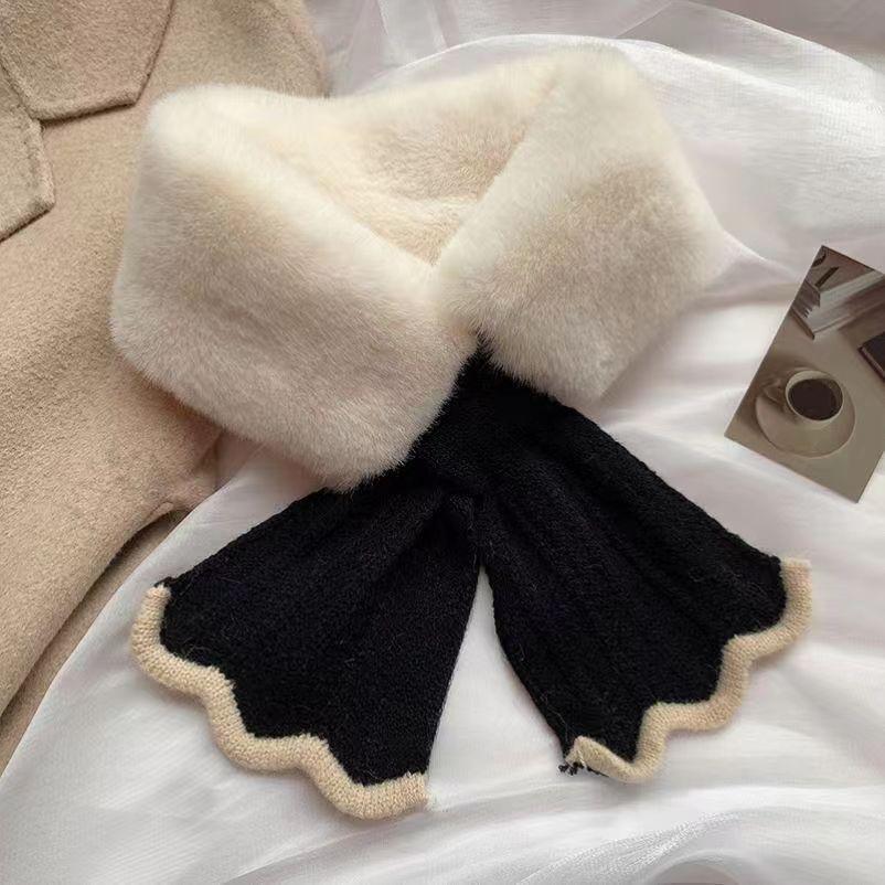 Winter Plush Scarf Woman Thick Fish Tail Wool Knit Cross Fur Collar Outdoor Cycling Neck Protection Cervical Spine Warm Scarve