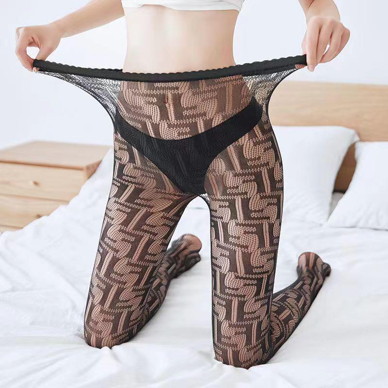 Seductive Black Fishnet Stockings with Bow and Letter Details - Plus Size European and American Styles