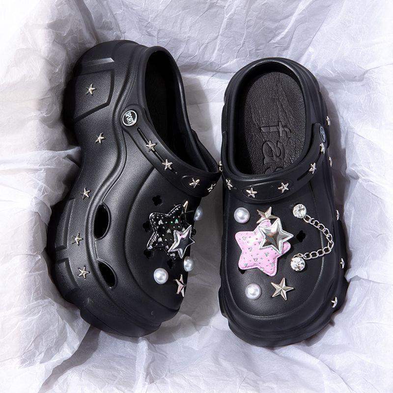 Zapatos de agujeros con suela gruesa para uso exterior de verano DIY dulce y fresco estilo Y2K estrella de cinco puntas elevador de bolsa zapatillas frescas
