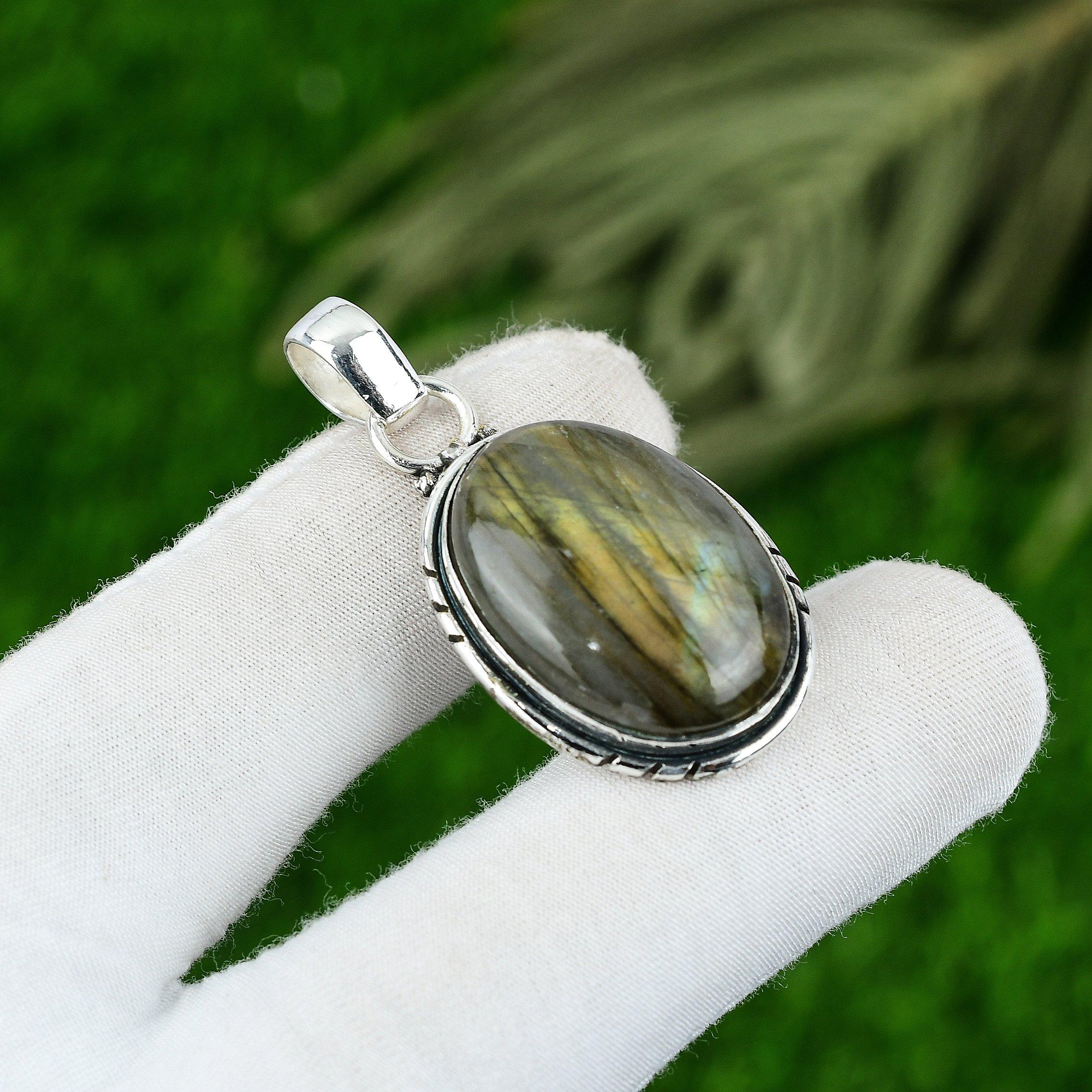 

925 Sterling Silver Oval Labradorite Stone Sister Wedding Bezel Pendant Jewelry