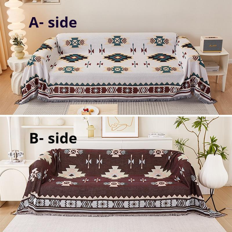 1Pc New Modern Style Linen-cotton Double Face Usable Sofa Blanket with Tassels Decor Multi-purpose for Living Room,Bedroom Sofa