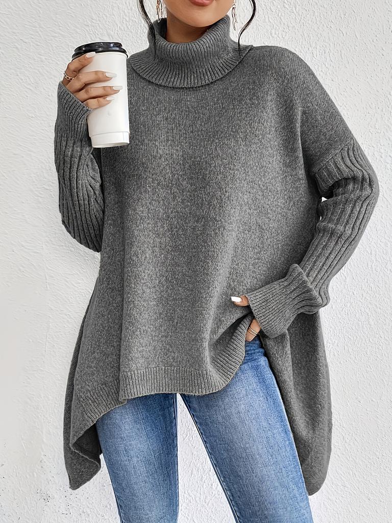 Winter High Collar Lapel Long Sleeved Irregular Hem Casual Loose Sweater For Women