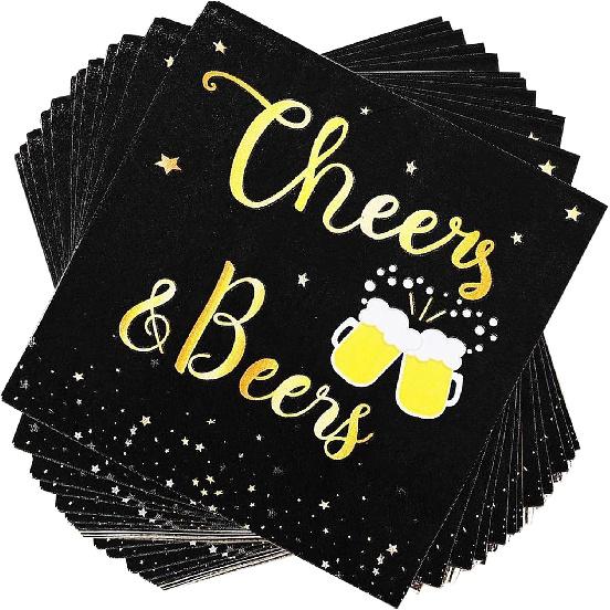 40 Pcs Cheers & Beers Napk Cheers Beer Party Supplies Disposable Cocktail Napk Black and Gold Foil Paper Napk for 30th 40th 50th 60th 70th 80th 90th