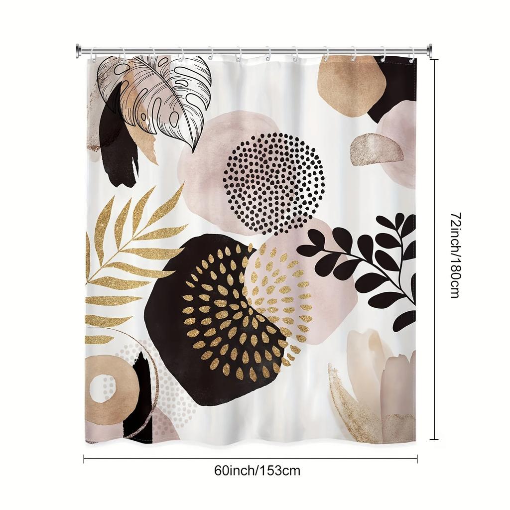 Boho Abstract Shower Curtain Set, Black Pink Gold Leaves, Modern Minimalist Bathroom Decor, Fabric, 12 Plastic Hooks
