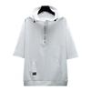 Men Summer Tops Hooded Adjustable Drawstring Zipper Half Placket Short Sleeve T-shirt Letter Print Quick Drying Ice Silk Fabric