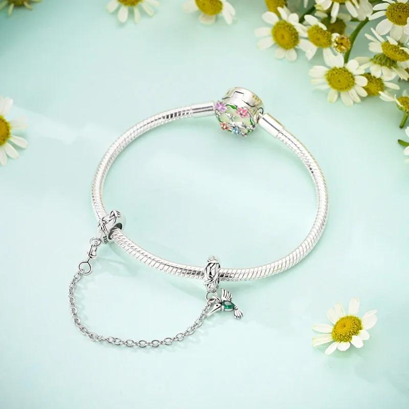 Original Charms Copper Green Hummingbird Safety Chain Beads Fit Plata Bracelets For Women Jewelry Making Gifts