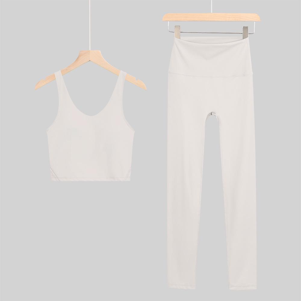 Lulu U-Back Sports Tank & 9-Point Yoga Pants Set with Bare-Feel Push-Up Bra for Women's Fitness