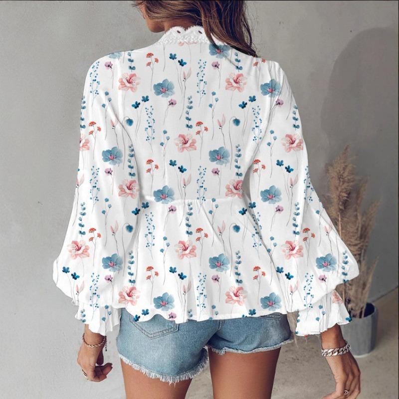 DAFIFY Women's Fashion Casual Spring Autumn Flower Pattern Print Long Sleeve V-Neck Blouses & Shirts
