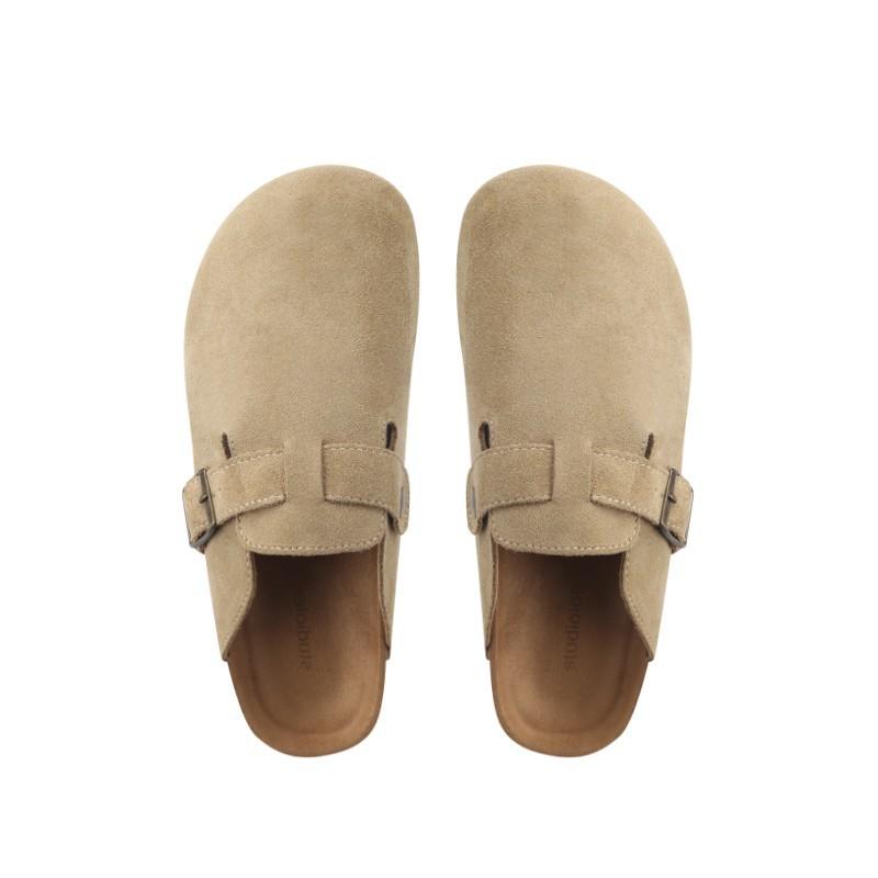 Leather Cork Bottom Boken Shoes Women's Bag Head Half Slippers Outer Wear Big Head Shoes Round Head Japanese Versatile Retro Flats