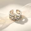 European Plaid Hollow Open Adjustable Silver Plated Double Layer D-Chain Ring