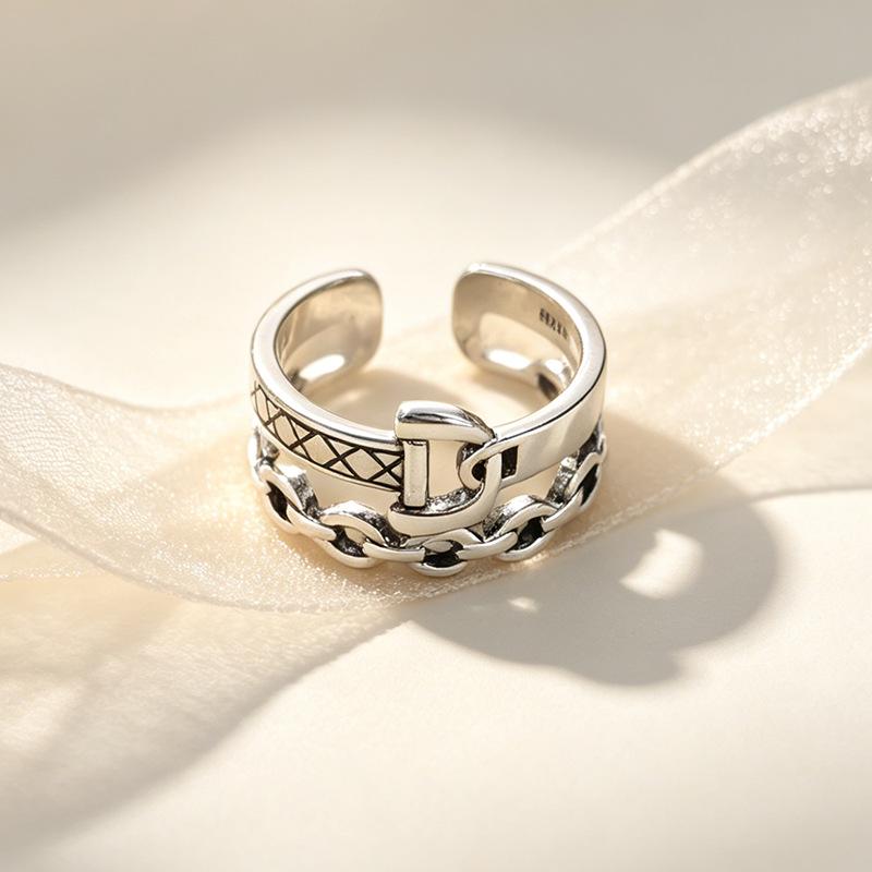 European Plaid Hollow Open Adjustable Silver Plated Double Layer D-Chain Ring