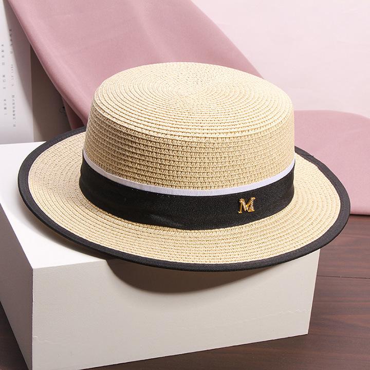 Women's Summer Travel Beach Jazz Hat Seaside Sunshade Sun Protection Straw Hat Flat Top British Hat Straw Woven