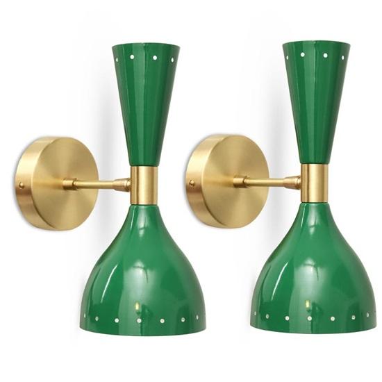 Mid Century Modern Green Brass Wall Sconce Lamp  Retro Double Shade, Handmade Bedroom Lighting