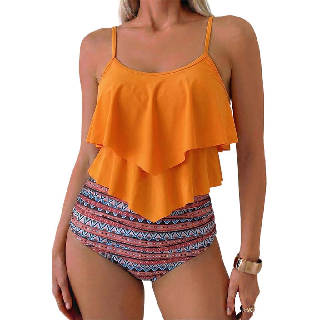 Women’s Two Piece Swimsuit Ruffle Tankini Top with Adjustable Straps and High Waist Floral Printed Bottoms